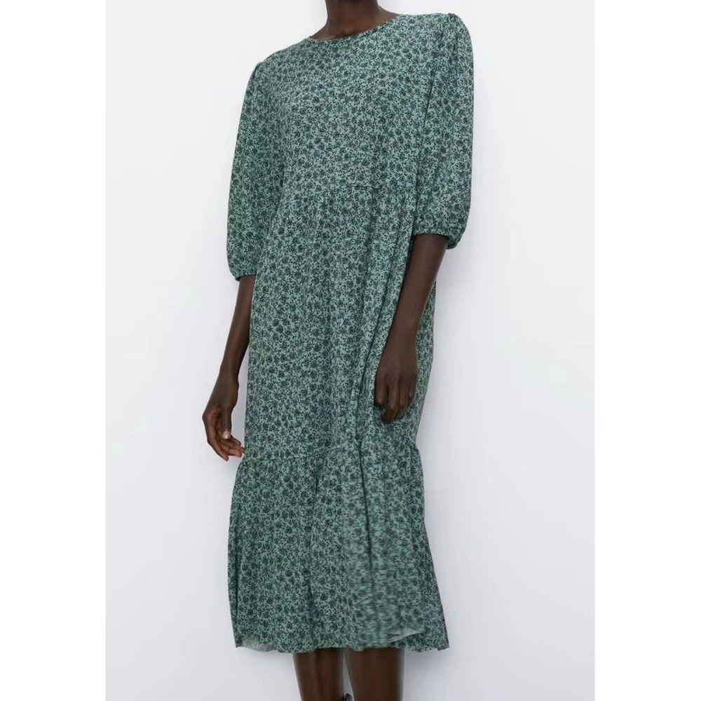 Zara Green Floral Midi Dress Cottagecore Prairie Boho Puff Sleeve Sz S